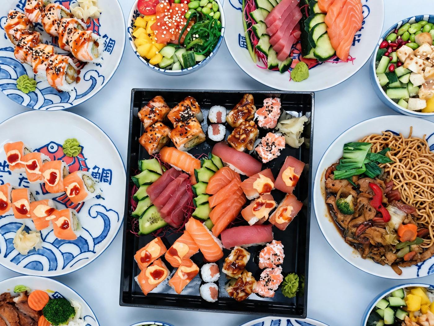 Gedeckter Tisch von oben: Ente mit Reis, gebratene Nudeln, Frühlingsrollen und Tempura, dazu Sushi und Poké Bowls